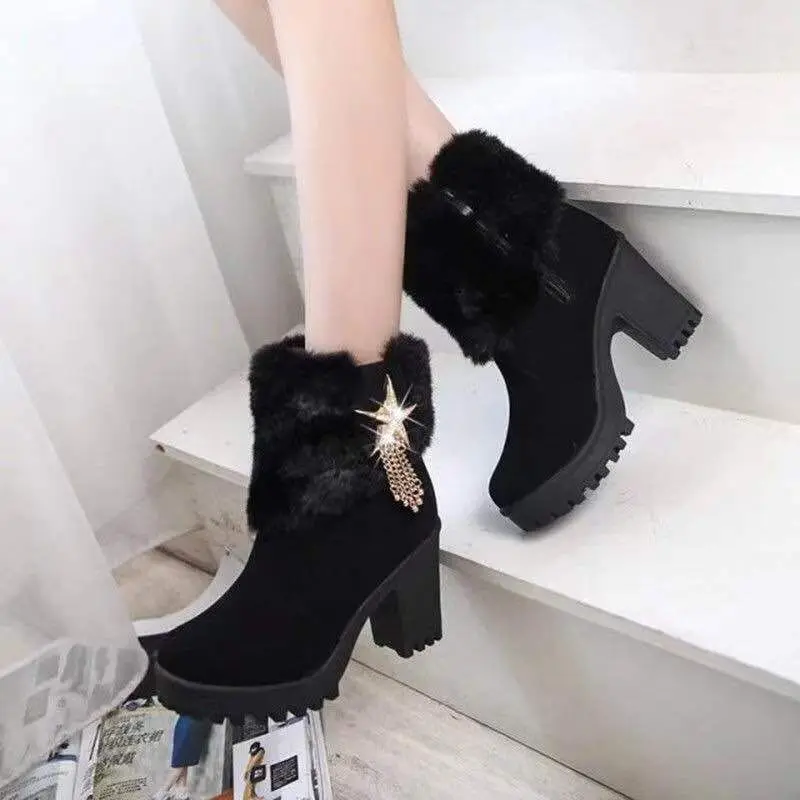 2019Square heel women winter shoes classic buckle warm fur snow ladies boots high heels black platform ankle boots women botas