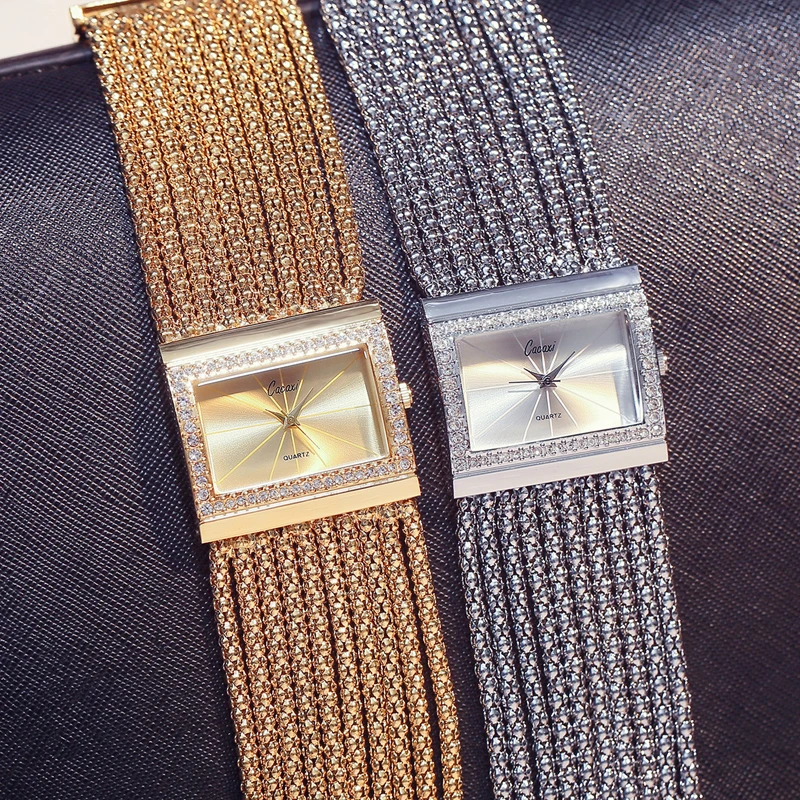

Cacaxi прямоугольные женские наручные часы цвета: золотистые, серебряные часы с цепочкой для женщин, полые стальные кварцевые часы со стразами, женские модные часы A010