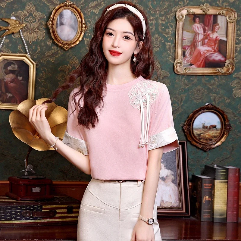 New Summer Short Sleeve Pink Women Blouse Casual Embroidery Blouse Shirt Women Tops Blusas Mujer De Moda 2024 Verano Blusa H753