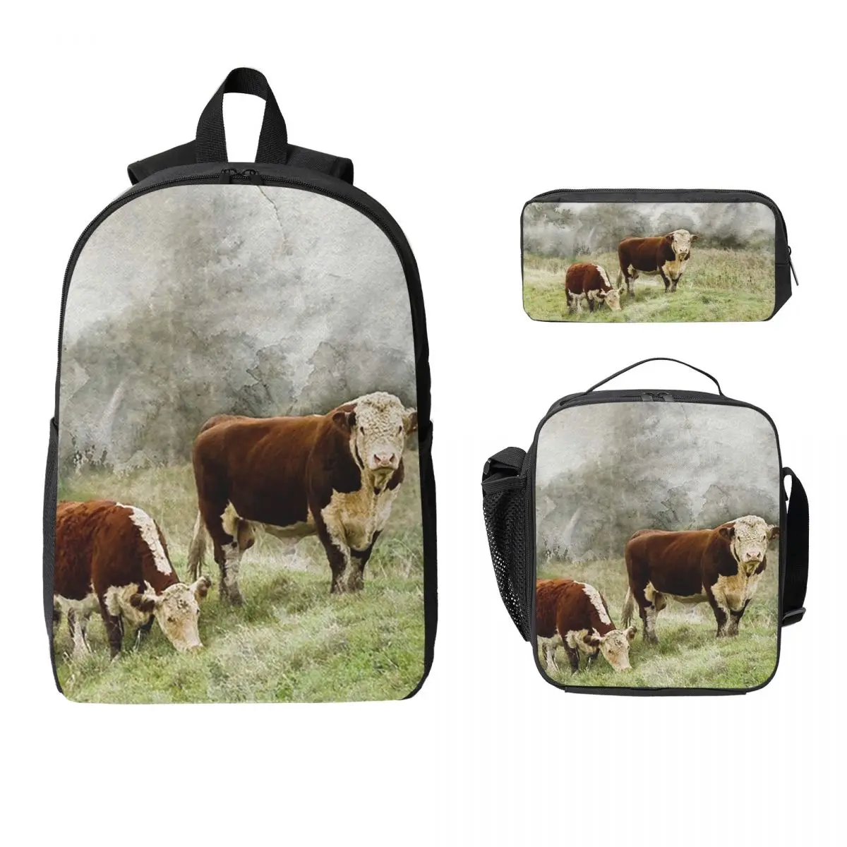 Mochila escolar com estampa de aquarela de touros e vacas de Hereford, bolsa de ombro, 3 peças, bolsa térmica para almoço, estojo para lápis