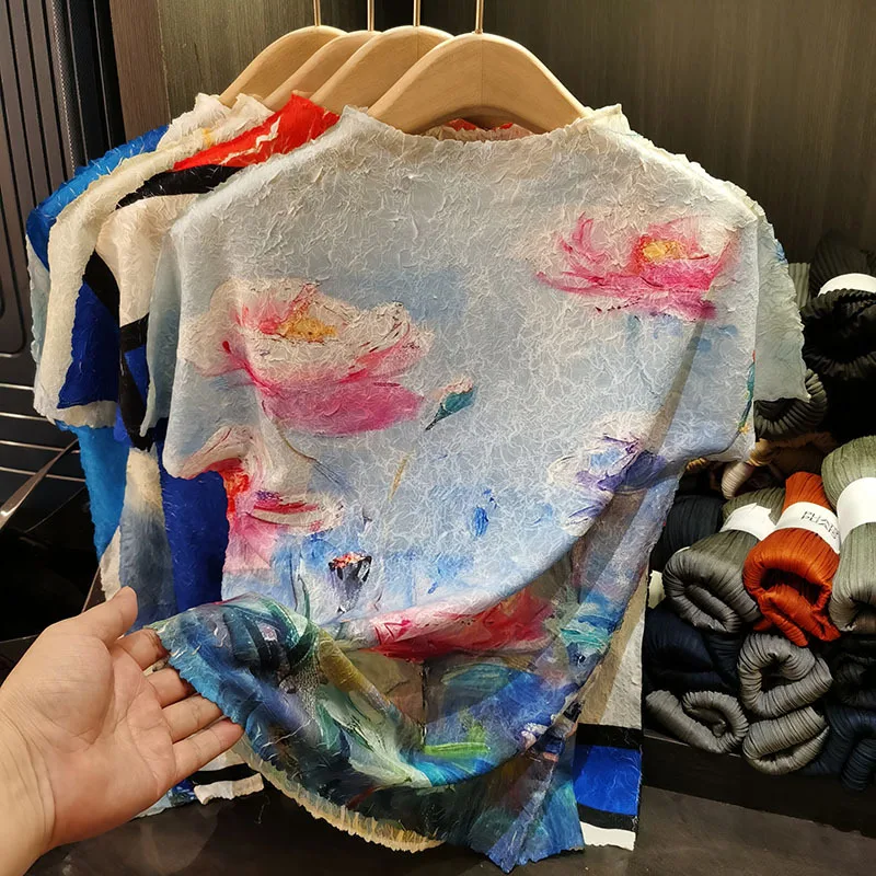 

Miyake Pleated T-shirt Fashion Printing Fold T-shirt Female Summer Thin New Hundred Bottoming Tops Female Pleat Small Shirt