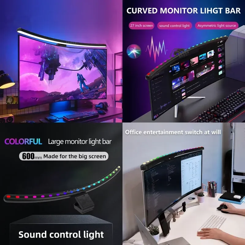 Ultra Wide 60cm Curved Computer Hanging Light Bar 3 Modes RGB Computer Light Bar with Smart Sound Control