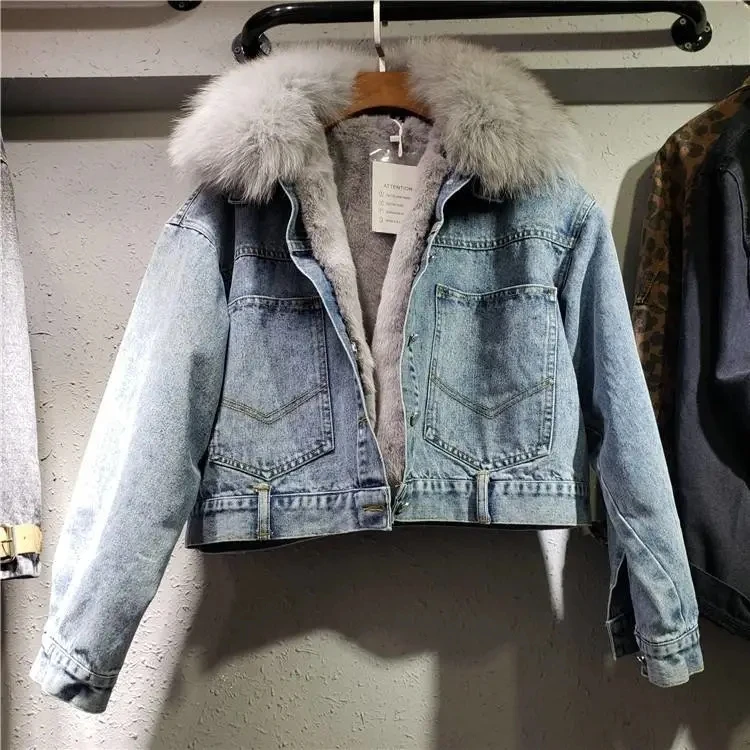 2024 New Winter Loose Plus Velvet Denim Jacket Thicken Real Fur Collar Denim Jacket Female Jacket Cotton-padded Jean Jacket