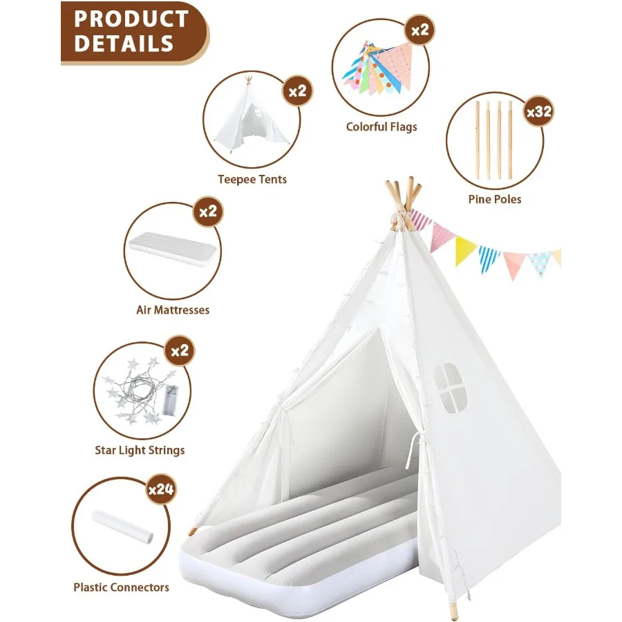 2-pack tipi tent voor met opblaasbaar luchtbed licht binnen peuter sleeptenten kamertenten voor slaapfeest buiten spelen te