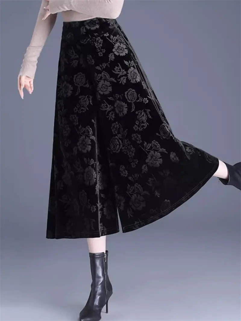 2023 Autumn Winter Elegant Velvet Wide Leg Pants Women Vintage High Waist Slim Mom Large Size Crop Trousers Culottes Z3529