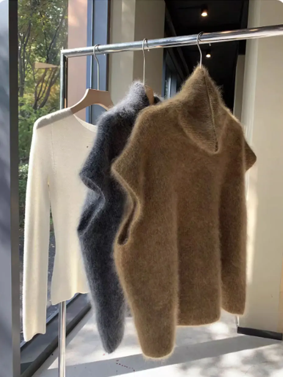 Brown Knitted Loose Vest Women's Outerwear Autumn Winter Thickened Sleeveless High Collar Sweater Base Layer Top Street Style