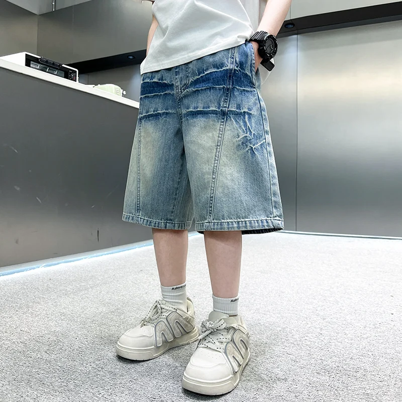 Y2k Short en jean baggy pour homme, style hip-hop, style hip-hop, style décontracté, pantalon de survêtement, pantalon de skateboard, short cargo, couleur unie, ample, avec cordon de serrage, beige, M
