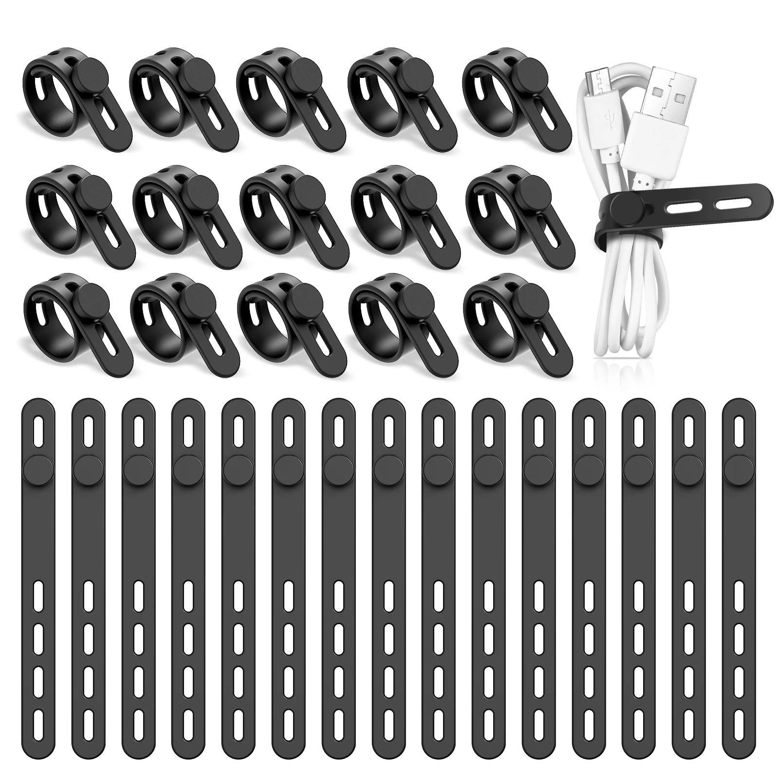 30Pc Elastic Silicone Cable Ties Soft Adjustable Cable Straps Cord Bundle Organizer Wrap Reusable Wire Management w/ Lock Buckle