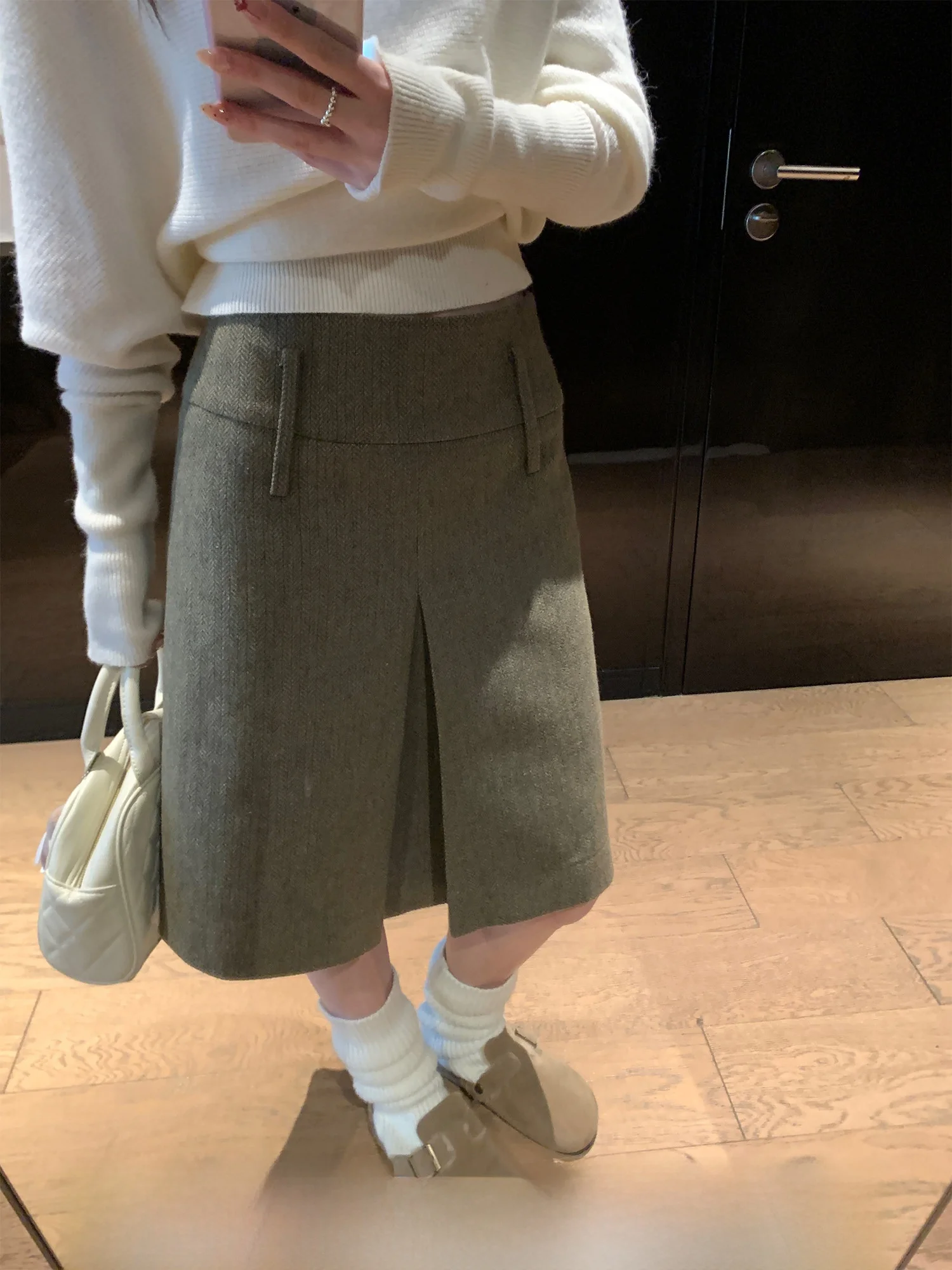 

Юбка А-силуэта с высокой талией, шерстяная, в стиле ретро, плиссированная, для повседневной носки, зимняя, средней длины, с разрезом, для девочек, на каждый день