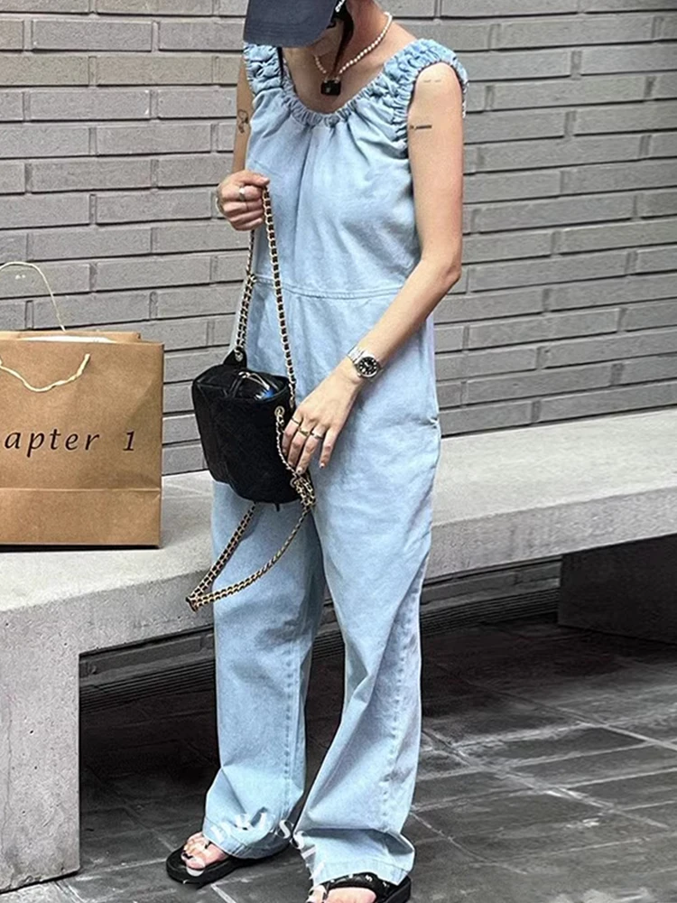 ฤดูร้อนใหม่ Chic หลวมสบายๆขากว้าง Denim Rer ยาวกางเกงผู้หญิง V-Ne Vintage พับเอวสูงกางเกงยีนส์สีฟ้า One ชิ้น