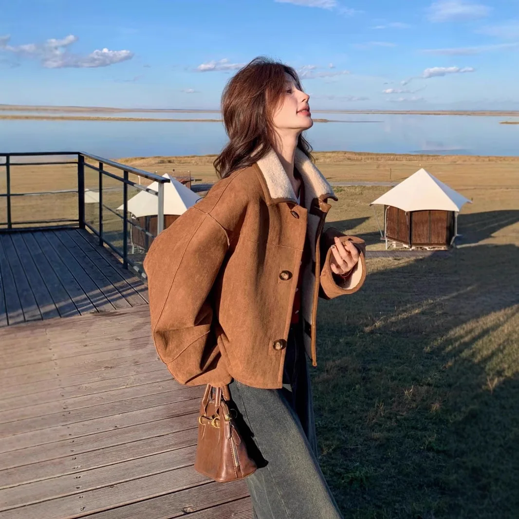 2025 Herbst Winter Neue Kleine Größe Doppelseitige Tragen Faux Wildleder frauen Jacke Herbst Vielseitig Faux Lamm Pelz mantel Kurzen Mantel