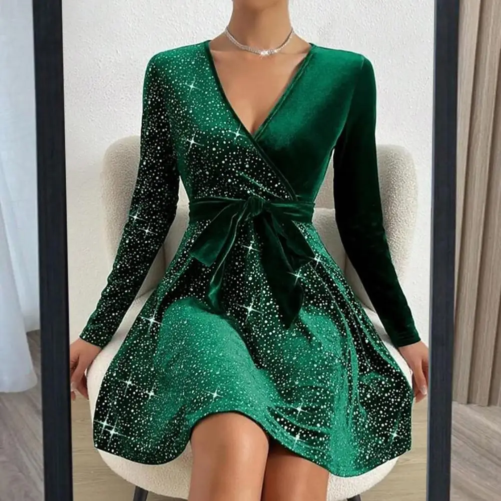 

Sequin Detail Dress Elegant V Neck Lace-up Sequin A-line Mini Dress for Women Fall Spring Prom Party Dress with Tight Waist Long