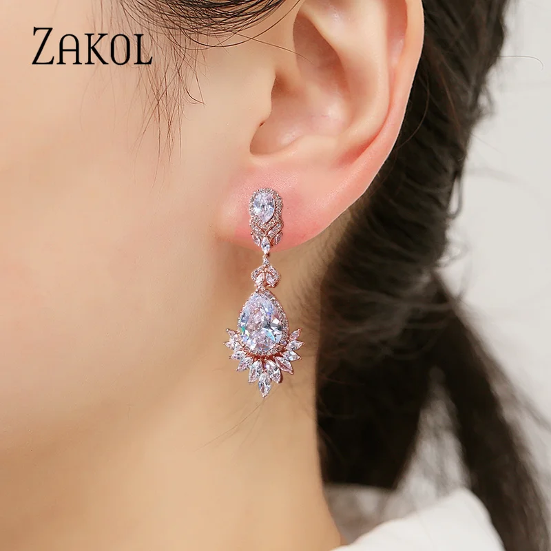 ZAKOL Vintage Chandelier Bridal Wedding Earrings for Women Luxury Water Drop Cubic Zirconia Dangle Earring Fashion Jewelry