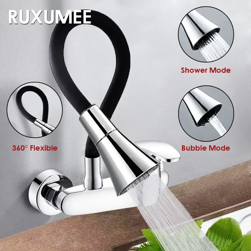 Grifo de cocina Flexible giratorio de pared 360, cromado pulido, 2 modos, grifos para fregadero de agua fría y caliente, negro y plateado