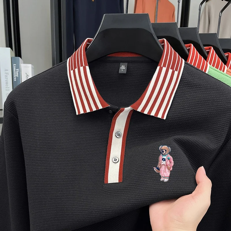 Luxury Men's New High-Quality Long Sleeved Polo Shirt Striped Collar Brand Embroidered T-Shirt Waffle Autumn Men's Clothing Top