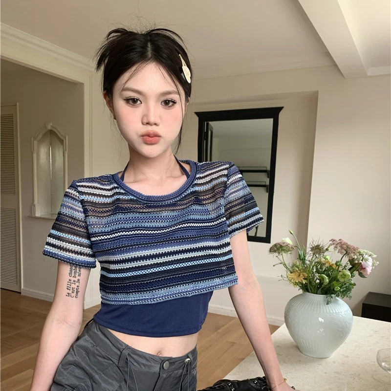 Women T Shirt Loose Versatile Hollow Short-sleeved Smock + Solid Lace-up Camis Students Sweet Outfit Crop Tops Female