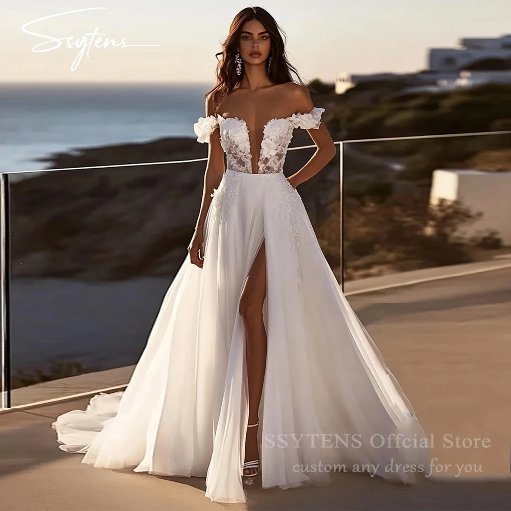 SSYTENS Bohemian A Line Wedding Dresses Lace Tulle Woman Romantic Appliques Off the Shoulder High Slit Bridal Dresses Customized