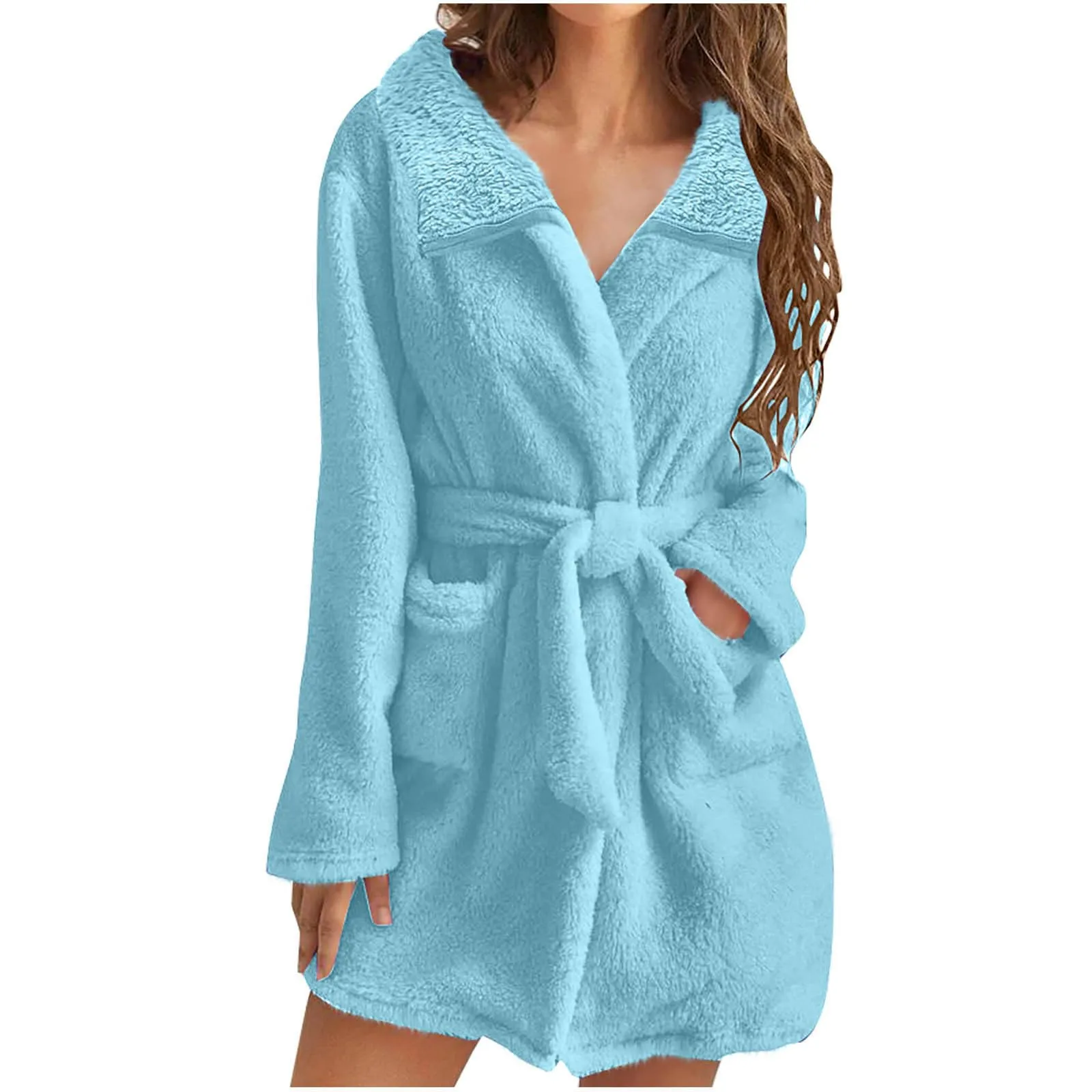 Autumn Women Home Clothes Multi Colors Drawstring Waist Fleece Lined Robe Winter Loungewear Lapel Sleepwear Bathrobe Pockets