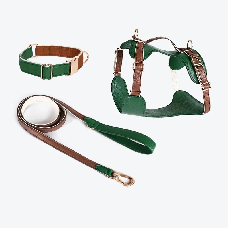 

STLFLuxury Custom Color Leather Dog Harness Set and Genuine Dog Collar Leash Set No Escape Harnesses Heavy Duty Strap Harness