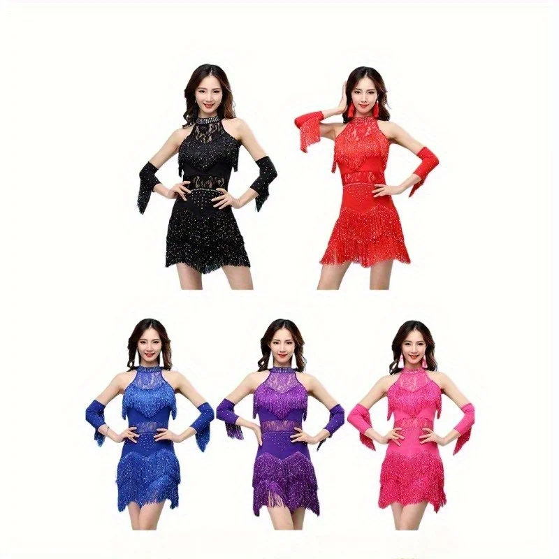 

New Women's Lace & Tassel Latin Dance Costume - Glamorous Ballroom Performance Dress for Professional Dancers