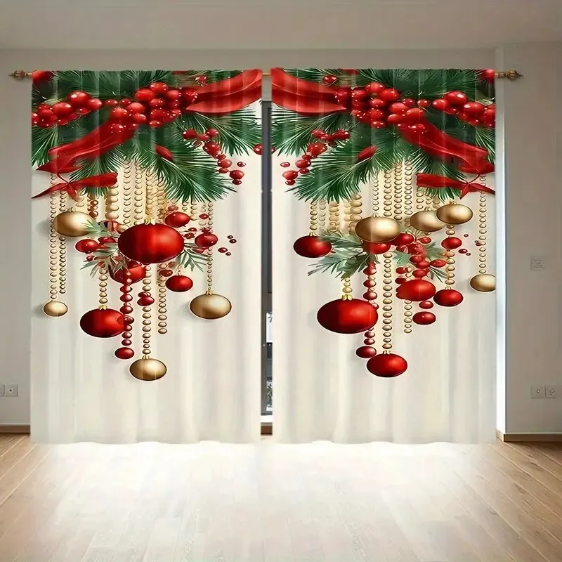 2PCS Digital Print Curtain, Red Berries with Christmas Ornament Balls and Gold Bead Garland, Pine on White, for Bedroom Decor