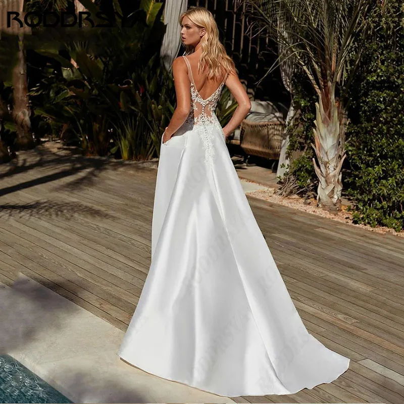 RODDRSYA Simple Satin Wedding Dresses Elegant V-Neck Insertable Pocket Bridal Party Sexy Button Backless vestidos de novia 2024