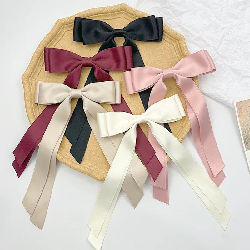 

Boutique Solid Color Satin Ribbon Bow Hairgrips Women Girls Long Tails Ribbon Bowknot Hair Clips Hairpins for Kid Headwear Child