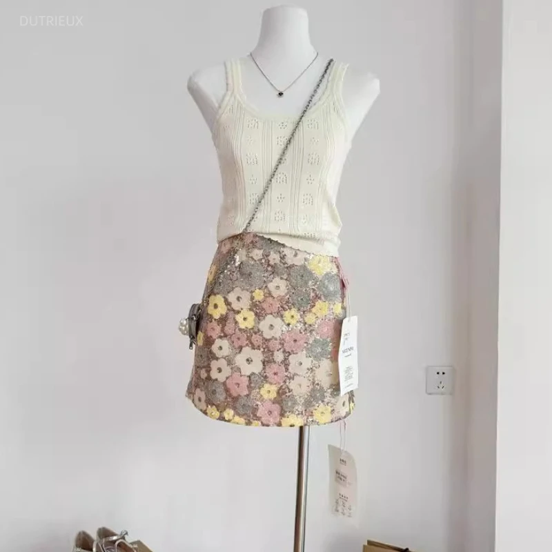 Fashion Temperament Shinny Flower Sequin Summer Skirts Y2k Aesthetic Small Fragrance All Match Jupe Heavy Preppy Women Skirt