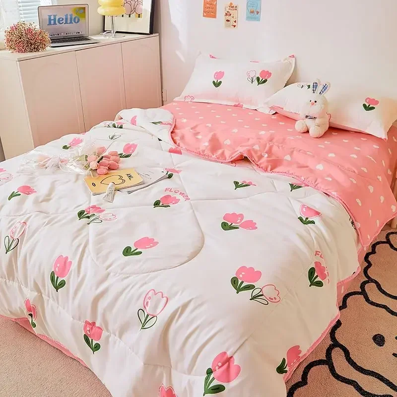 Princess Style Summer Quilts Washable Floral Cartoon Single Double Queen Blanket Bedspread Air Conditioning Girls Boys Comforter