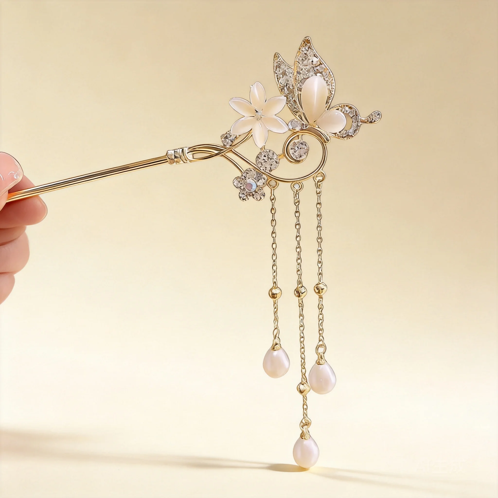 

Chinese Style Lucky Blessing Butterfly Flower Tassel Hair Stick Vintage Rhinestone Opal Hanfu Hairpin Elegant Women Hair Accesso
