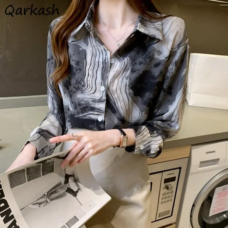 

Shirts Women Chiffon Casual Baggy High Street Autumn Unisex Ins Print Feminino Tops Popular Couple Single Breasted Ulzzang Mujer