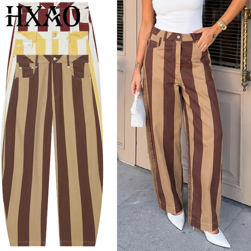 HXAO 2026 Women's Striped Baggy Jeans Pants Fall Spring Casual Wide Leg High-Waisted Tapered Denim Pants Chic Vacation Trousers
