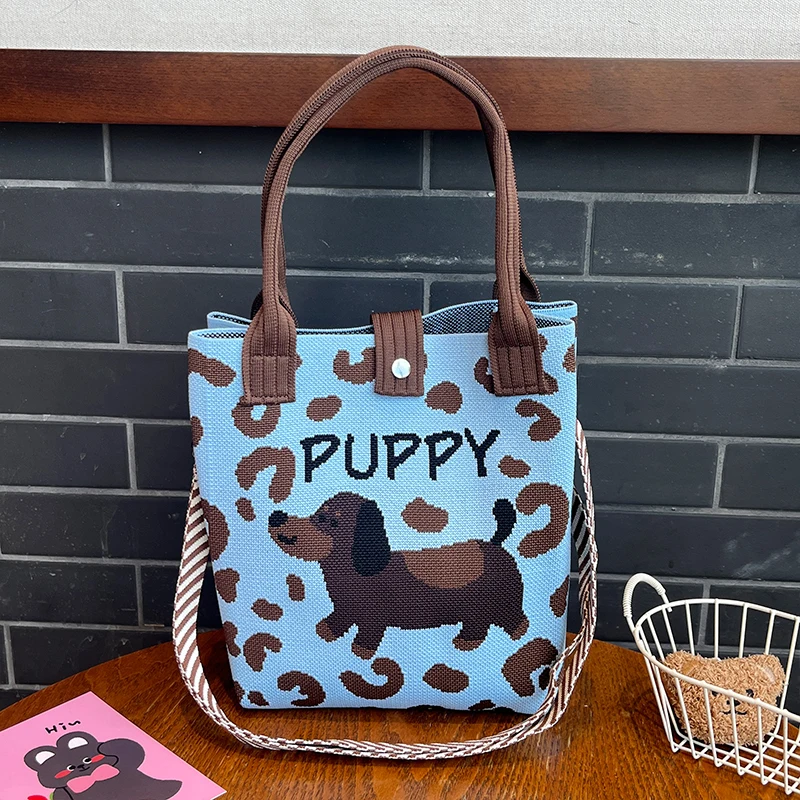Cartoon Puppy Knitted Shoulder Bag, High-Quality Eco-Friendly Gift Bag, Multifunctional Large-Capacity Tote Bag, Suitable for Gifting to Family, Friends, Classmates, Holiday Shopping, Fashionable Crossbody Bag, Daily Casual Outing, Carrying Essentials, Women's Handbag