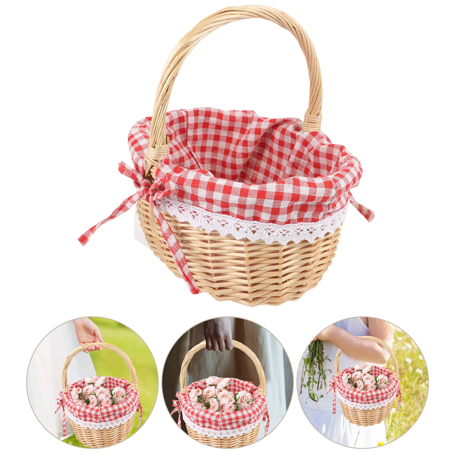 

Red Plaid Wicker Basket S Linen Inner Hand Woven Fruit Vegetable Bread Storage Picnic Wedding Gift Fruit Basket