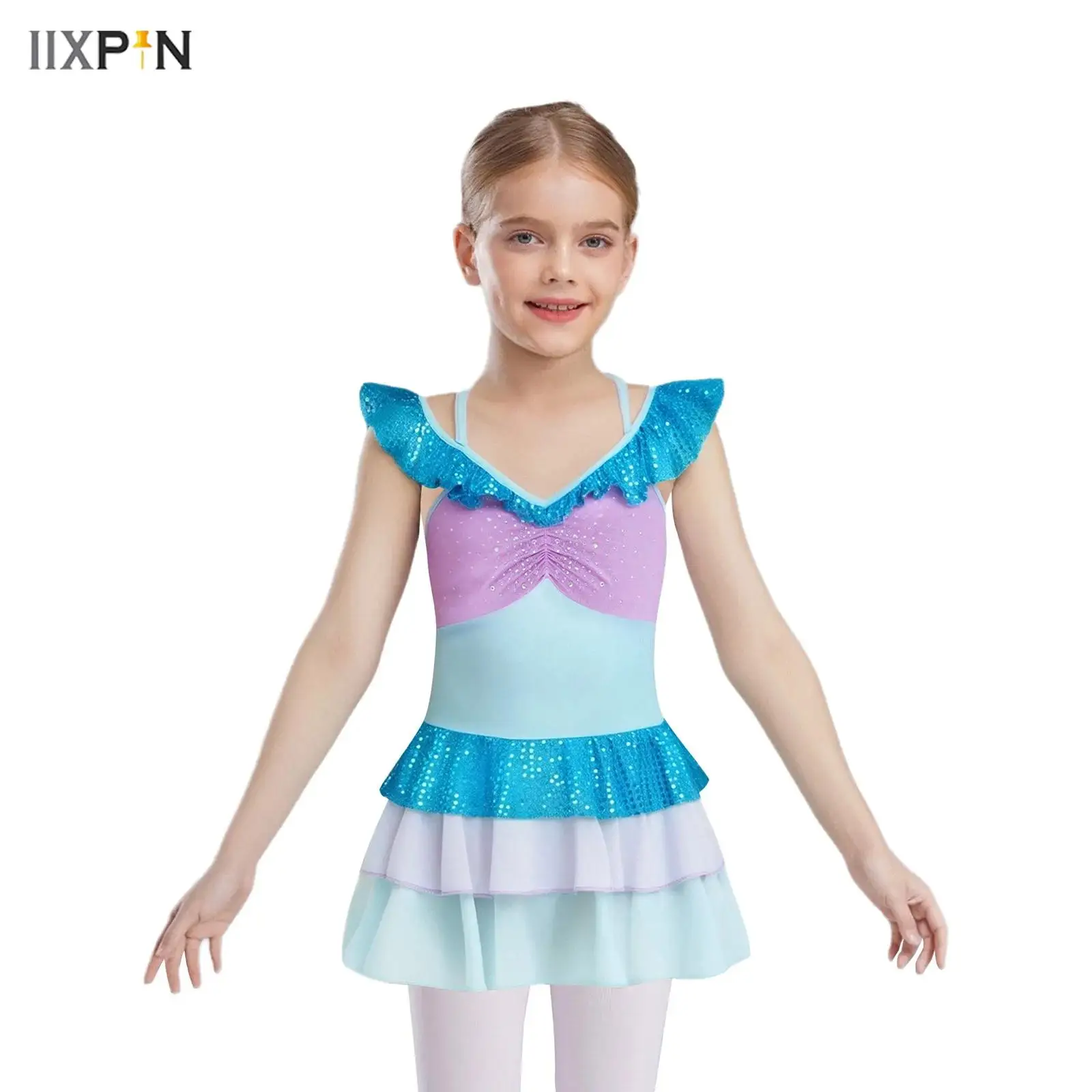 

Kids Girls Ballet Dress Figure Skating Dance Costume Cross Back Shiny Sequin Rhinestones Ruched Color Block Tiered Ruffled Dress