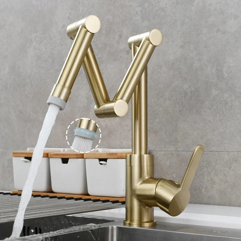 【2026】Brushed Gold Kitchen Sink Faucets Hot &Cold Soild Brass Folded Mixer Tap Single Handle Deck 360 Degrees Rotating Black/Chr view 2