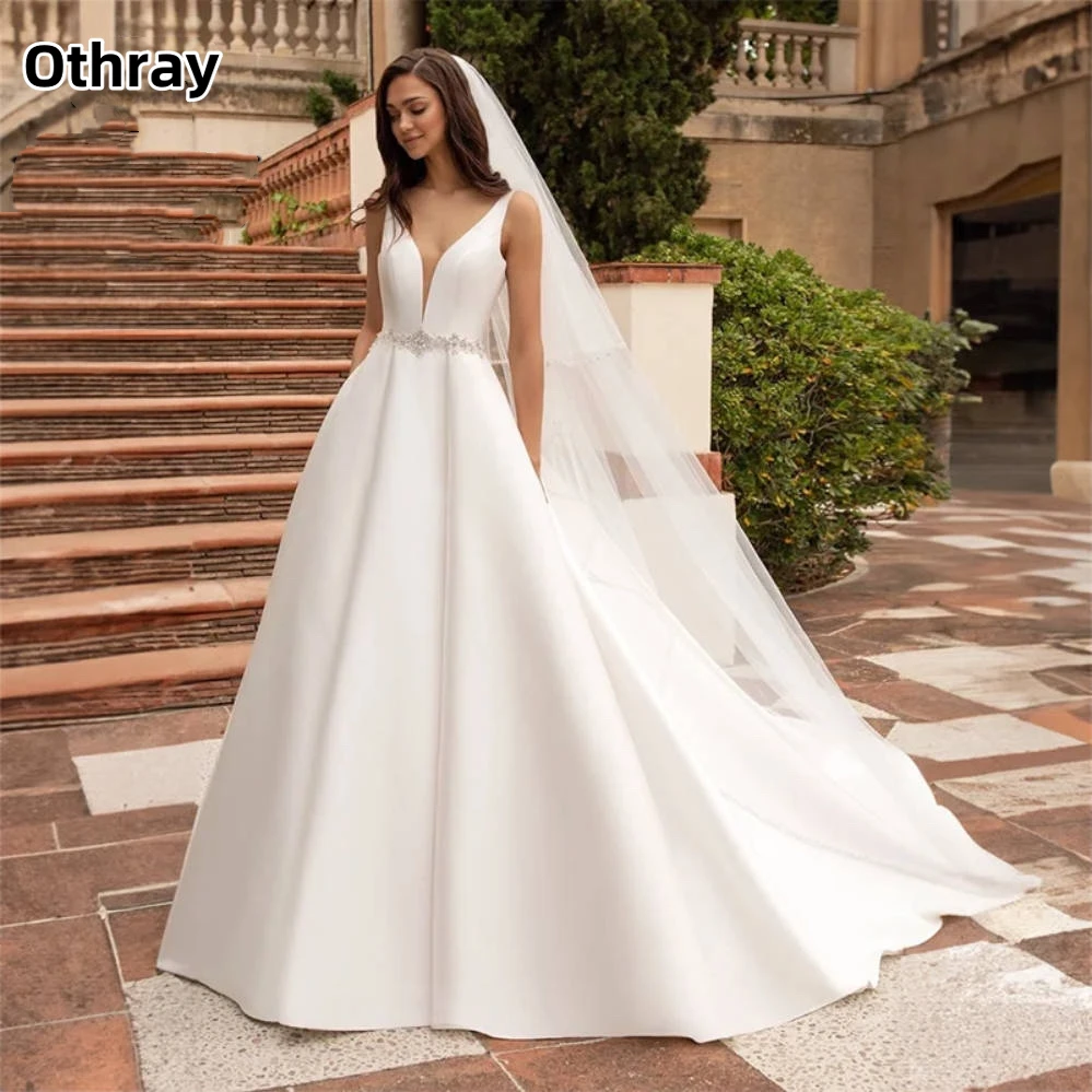 Othray saten balo gelinlik v yaka Backless boncuklu kanat cepler kolsuz gelin kıyafeti süpürme tren vestidos de vestidos