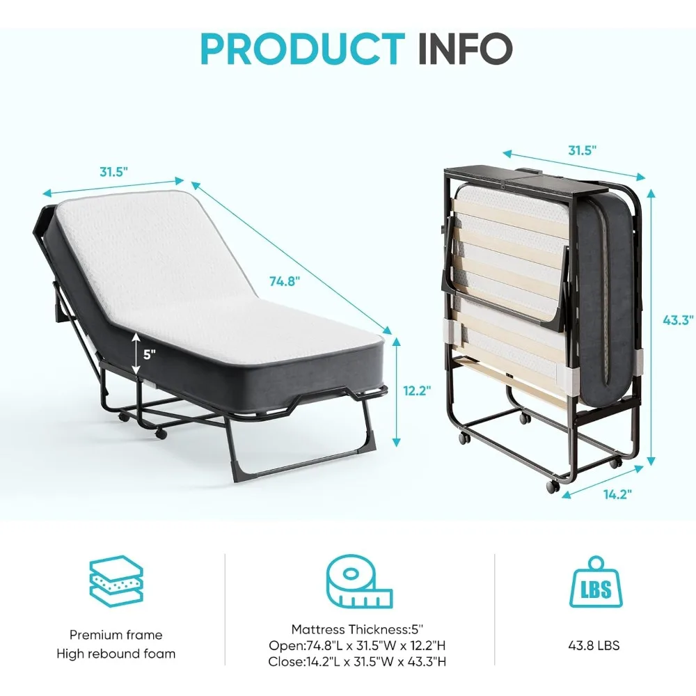 سرير ضيوف قابل للطي مع لوح رأسي، مقاس 75 × 31، 5 مرتبة، سهل الحركة، إطار معدني قوي #3