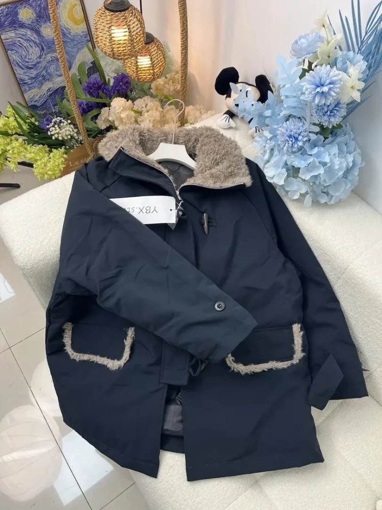 

Ретро-парка с большим воротником, утепленная хлопком, женская теплая куртка, верхняя одежда в корейском стиле, свободный крой, длинный рукав, на молнии