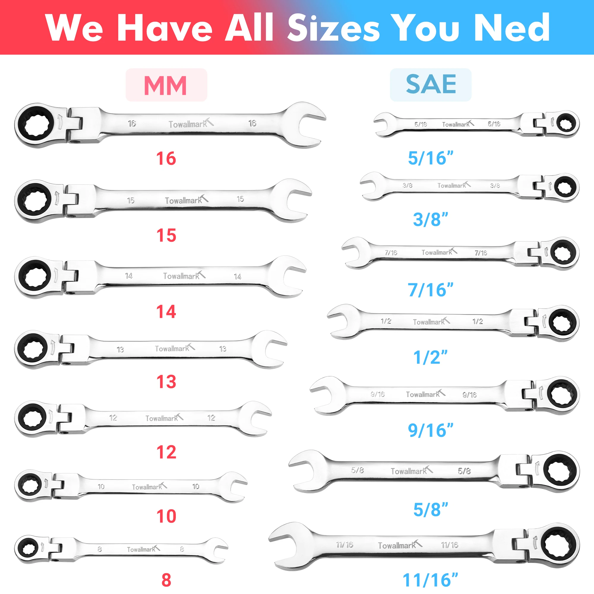 ​14-Piece Flex-Head Wrench Set,Sae 5/16