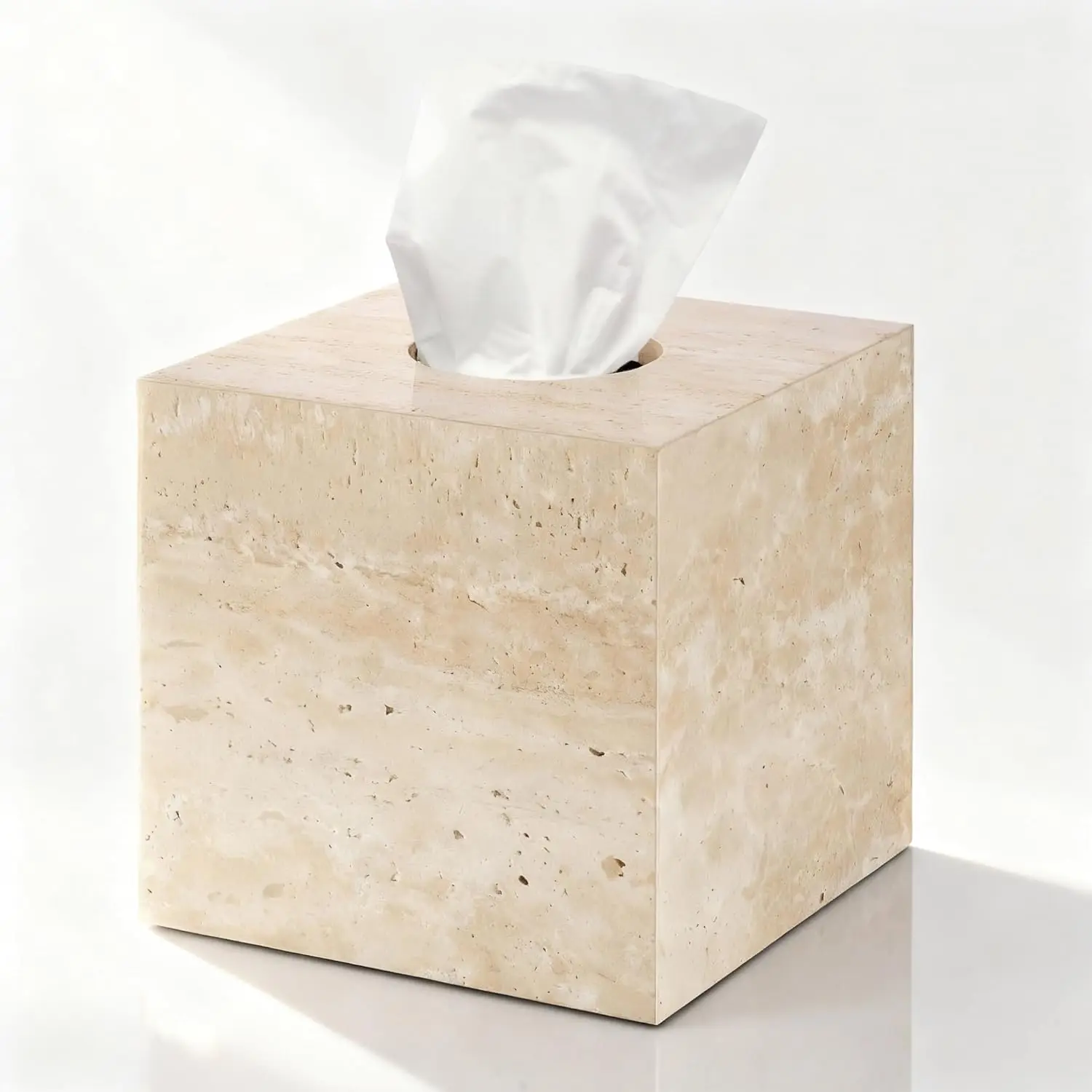 

Natural Travertine Marble Tissue Box Holder, Square Cube with Open Bottom for Bathroom, Bedroom, Kitchen in Beige
