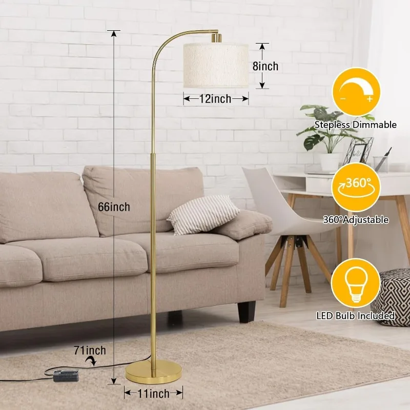 LED Floor Lamp Fully Dimmable Modern Standing Lamp Arc Floor Lamp with Adjustable Drum Shade, Gold Tall Pole Reading