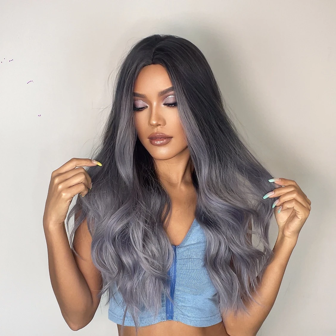 ALAN EATON Ombre Gray Wave Synthetic Wig for Women Long Cosplay Grey Blue Wigs Natural Middle Part Colorful Hair Heat Resistant