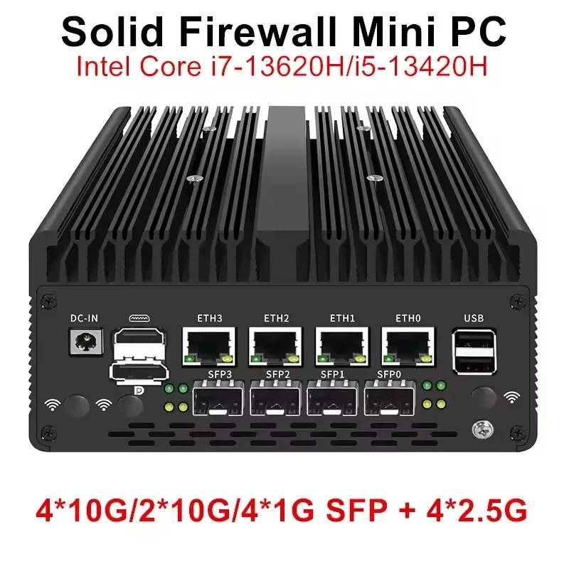 

Новый компьютер Intel Solid Firewall 13-го поколения Core i7-13620H i5-13420H 10G SFP 4x2.5G Nics 2 * DDR5 5G SIM Промышленный мини-ПК-сервер