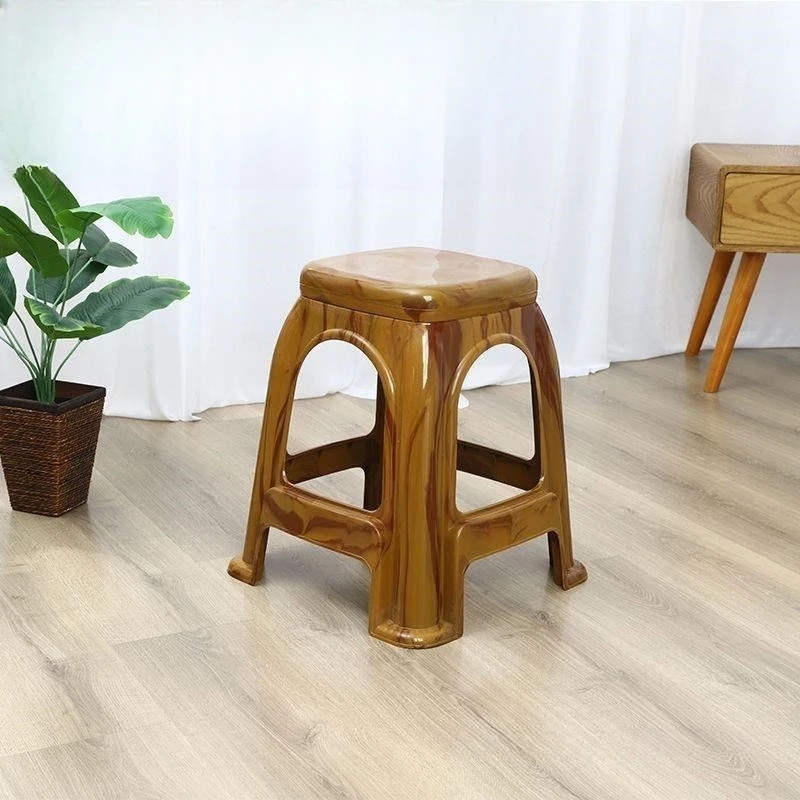 Thickened plastic stool with wood grain pattern non slip stackable square stool for home use
