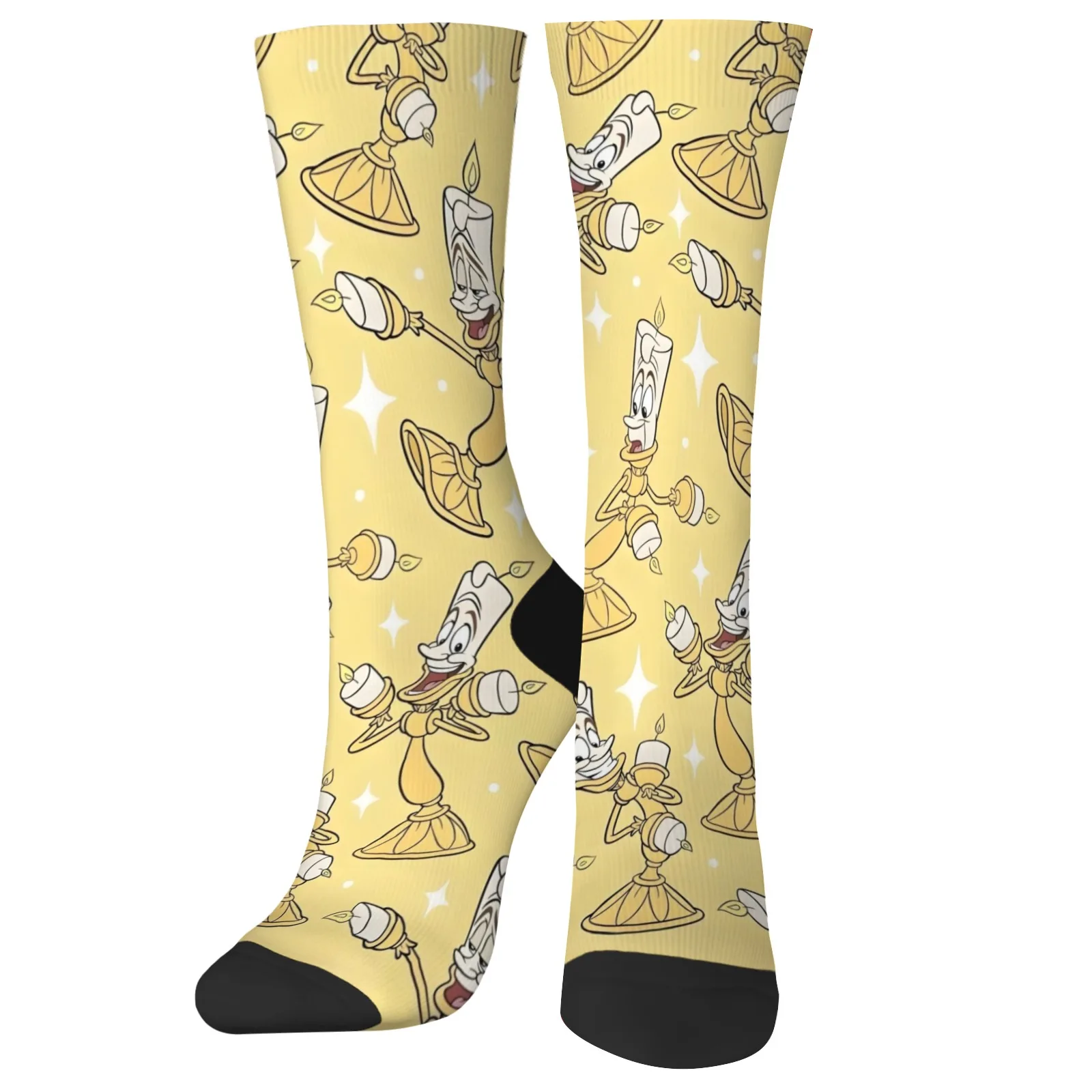 

Disney Novelty Beauty and the Beast Lumiere Crew Socks Gold Vintage Candlestick Print Unisex Soft and Comfortable Hip Hop Gift