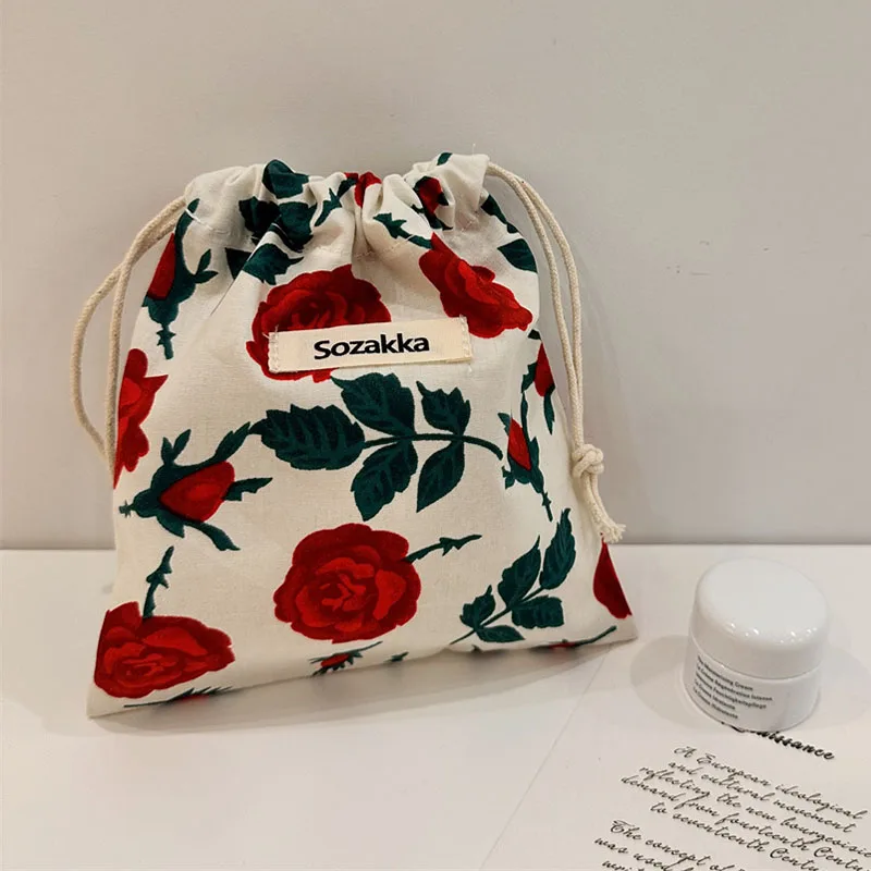 Multifunctional Cotton Flower Storage Drawstring Bag For Women Portable Finishing Storage Pouch Cute Makeup Bag Candy Organizer