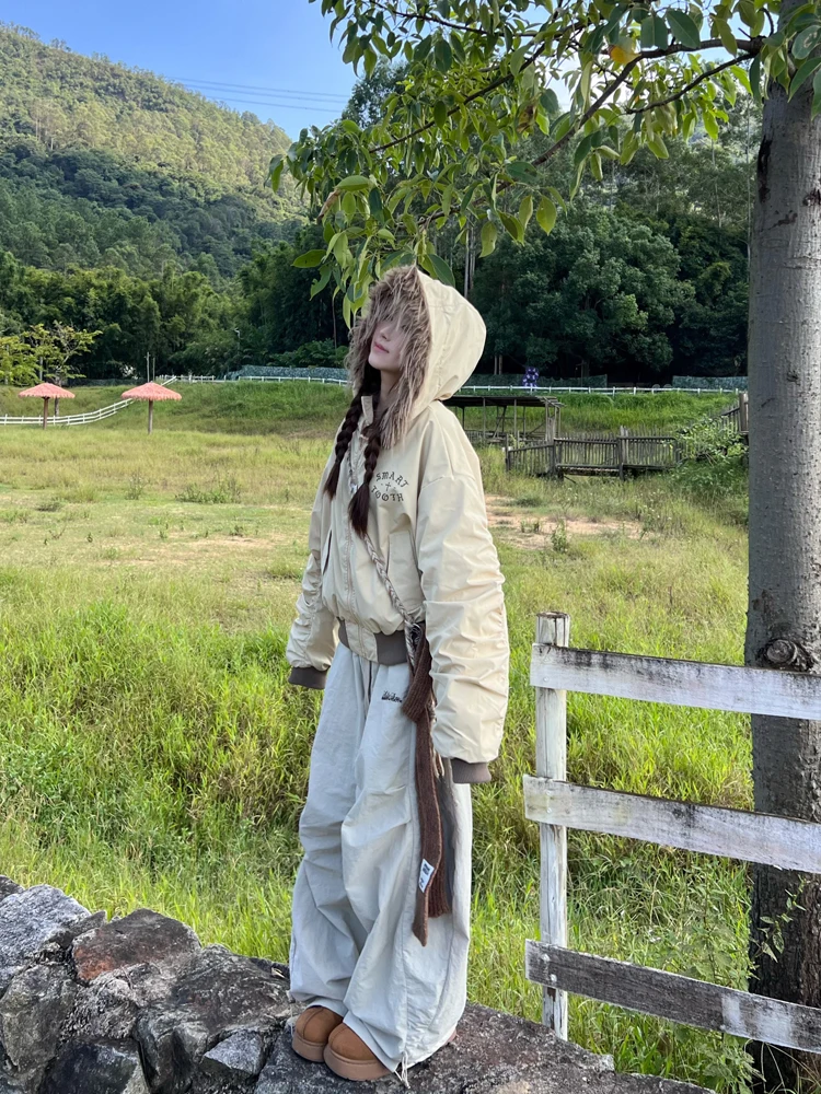 

Белый Oneko американский ретро воротник из искусственного меха пуховая куртка для мужчин и женщин зимняя свободная теплая парка пальто длинная свечная застежка-молния