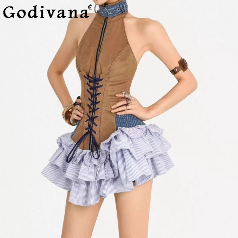 

Spring Summer New Chic Retro Sexy Halter Neck Cake Dress Personalized Women Lace-up High Waist A-line Street Sleeveless Dresses