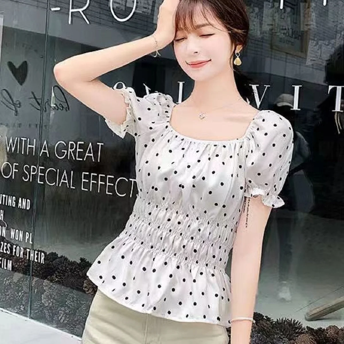 Women Blouse Flare Sleeve Shirt Colorful Multi Layer Elegant Korean Fashion Off Shoulder Shirt Print Pleated Ladeies Ruffle Top